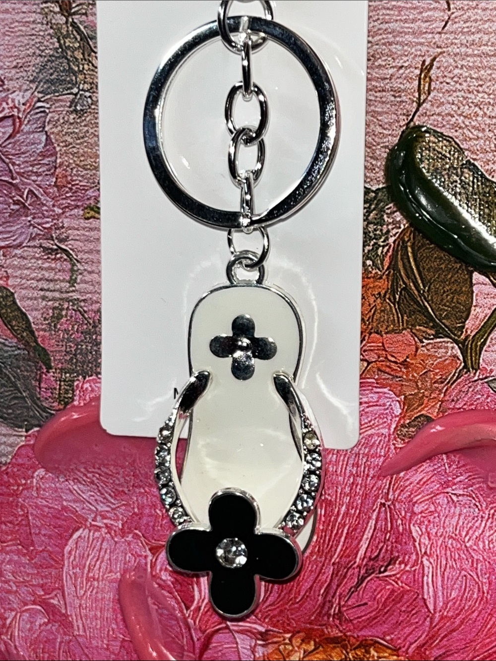 Women's Black and White Floral Flip-Flop Keychain - Silver Accents